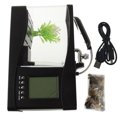 USB Desktop Aquarium Mini Fish Tank with Running Water and 6 LED Light, LCD Clock Display with Calendar, Time and Alarm (Holds 1.5 Quarts of Water)