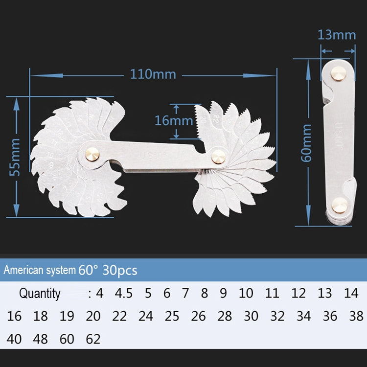 30 PCS US Screw Pitch Thread Blades 60 Degrees CR Stainless Steel Thread Gauge, 30 PCS Thread Gauge