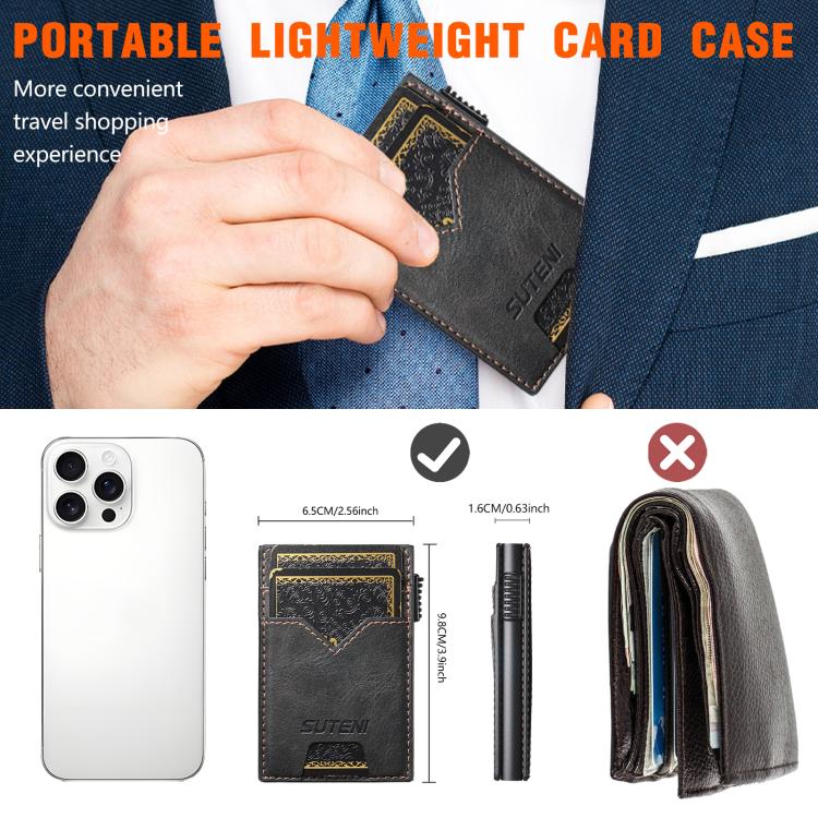 The Suteni denim double-sided card slot button automatically ejects the card box