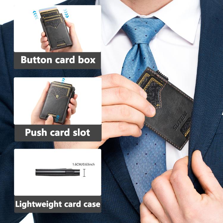 The Suteni denim double-sided card slot button automatically ejects the card box