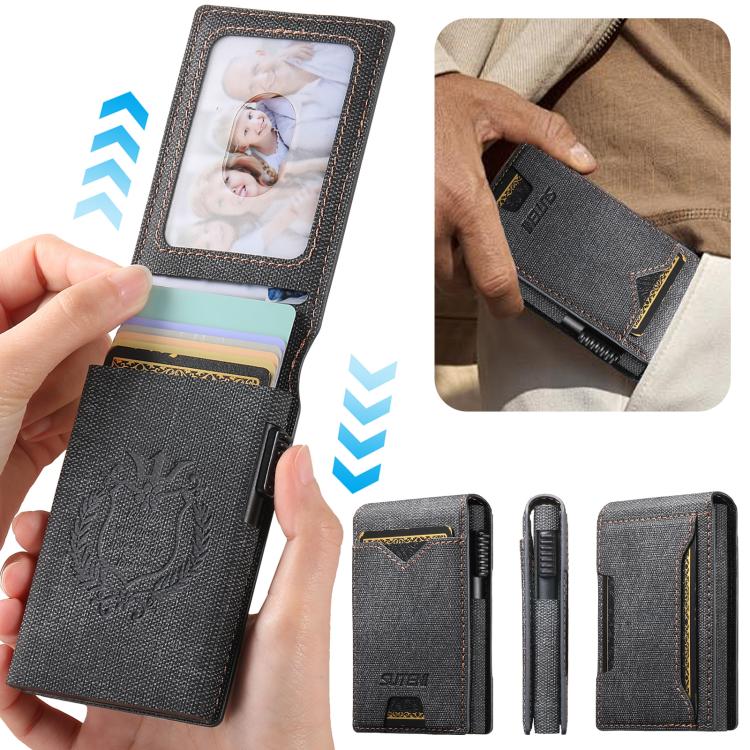 The Suteni denim pattern button automatically pops out the veneered printed card box