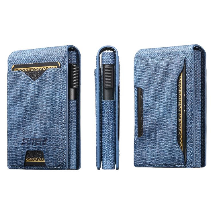 The Suteni denim pattern button automatically pops out the veneered printed card box