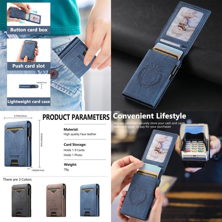 The Suteni denim pattern button automatically pops out the veneered printed card box