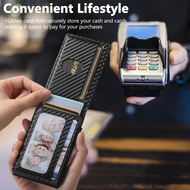 The Suteni carbon fiber pattern button automatically pops out the elastic band card box