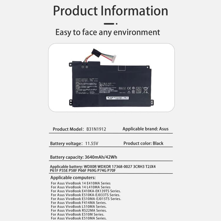 3600mAh Laptop Battery Replacement For ASUS E410M E410MA E510M, B31N1912