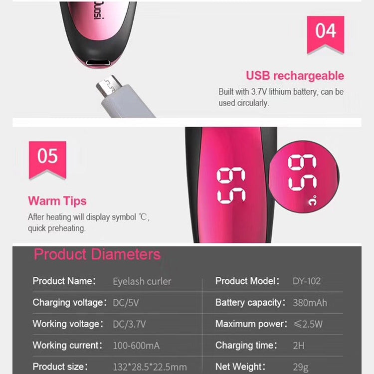Duosi DY-102 Portable Pen Style Heated Long-Lasting Electric Ironing Eyelash Curler USB Rechargeable Electric Heated Makeup Curling Clip