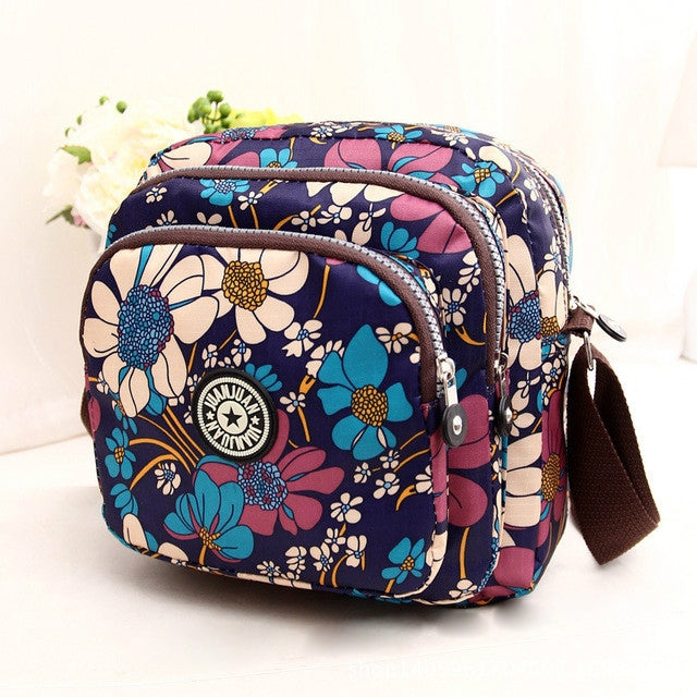 Women Shoulder Bag Waterproof Nylon Handbag Multilayer Crossbody Bag Purple flower