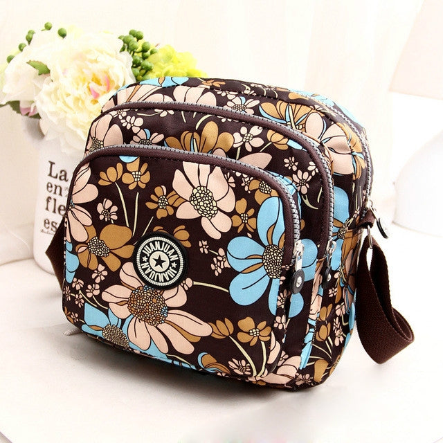 Women Shoulder Bag Waterproof Nylon Handbag Multilayer Crossbody Bag Blue flower