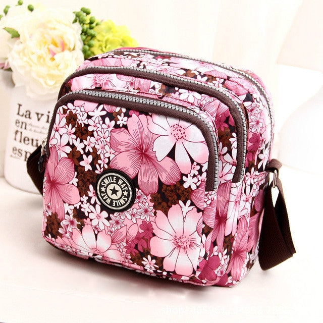 Women Shoulder Bag Waterproof Nylon Handbag Multilayer Crossbody Bag Pink flower