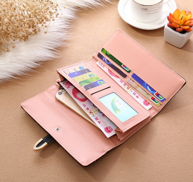 Women Purse Thread Plaid Leather Fashion Design With Polyester Phone Bag Long Slim Ladies Wallet