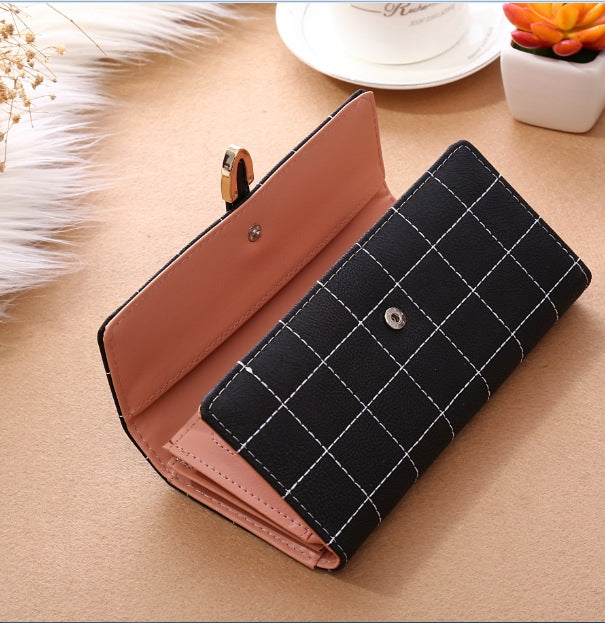 Women Purse Thread Plaid Leather Fashion Design With Polyester Phone Bag Long Slim Ladies Wallet
