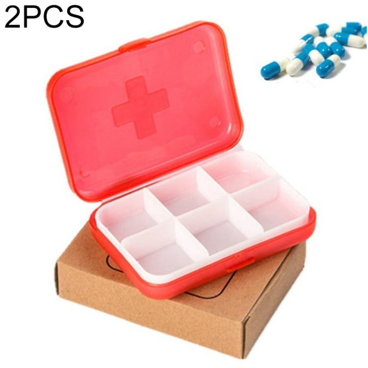 2 PCS Mini 6 Slots Portable Vitamin Medical Organizer Red