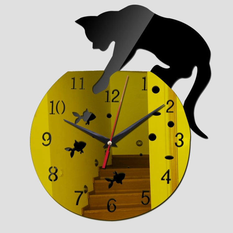 3D Acrylic Cat Mirror Wall Clock DIY Fashion Home Decoration Black Gold