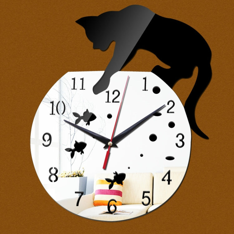 3D Acrylic Cat Mirror Wall Clock DIY Fashion Home Decoration Silver Black