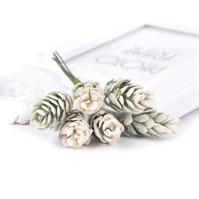 2 Bunches Artificial Flowers Plant Pine Cone Bouquet for Wedding Christmas Decoration White
