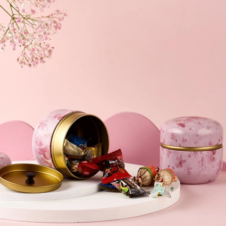 HOOMIN Tea Box Tea Jar Storage Holder Tea Caddies Matcha Container Mini Coffee Powder Organizer Cans Multifunction Round Metal, Cherry color, Moshan blossom