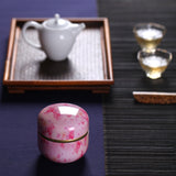 HOOMIN Tea Box Tea Jar Storage Holder Tea Caddies Matcha Container Mini Coffee Powder Organizer Cans Multifunction Round Metal, Cherry color, Moshan blossom