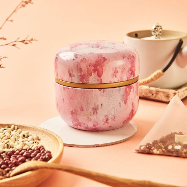 HOOMIN Tea Box Tea Jar Storage Holder Tea Caddies Matcha Container Mini Coffee Powder Organizer Cans Multifunction Round Metal, Cherry color, Moshan blossom