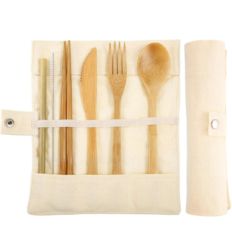 Travel Creative Bamboo Straw Dinnerware Knives Fork Spoon Chopsticks Set with Cloth Bag Beige