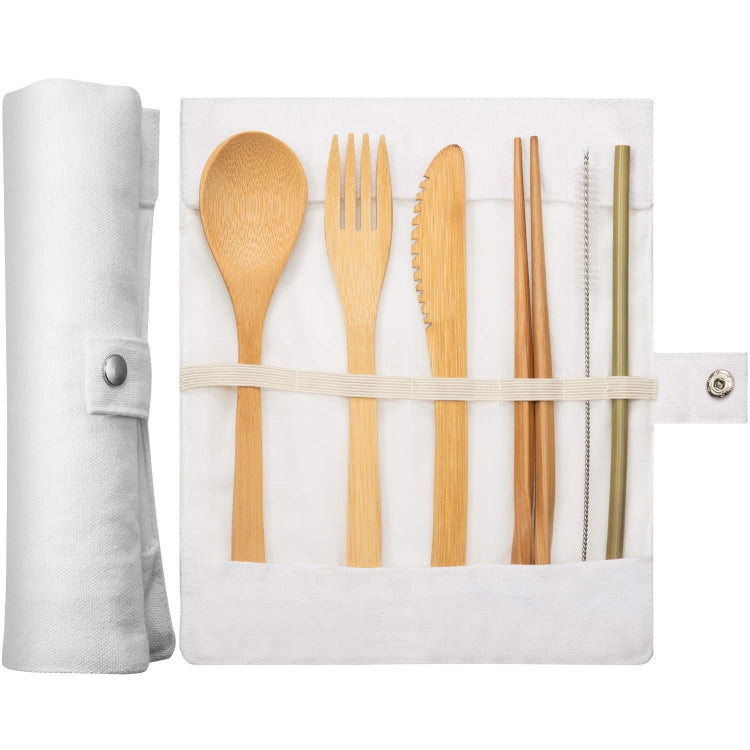 Travel Creative Bamboo Straw Dinnerware Knives Fork Spoon Chopsticks Set with Cloth Bag White