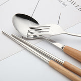 3 in 1 Spoon Chopsticks Fork Cutlery Set Three-piece Creative Work Students Portable Tableware, Three-piece set of wooden handle spoon fork chopsticks, Two-piece wooden spoon chopsticks