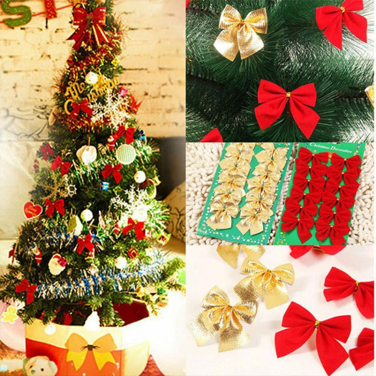 12 PCS Flocked Bow Christmas Tree Decoration, gold, red, silver