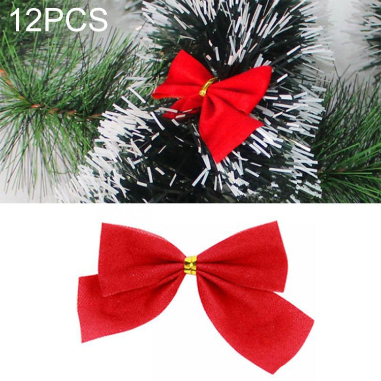 12 PCS Flocked Bow Christmas Tree Decoration, gold, red, silver red