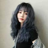 Women's Wool Long Hair With Bangs Natural Fluffy Wig, Pink Brown (Brown On Top) 54CM, Haze Blue (Black On Top ) 54CM, Cold Brown 54CM, Black Brown 54CM