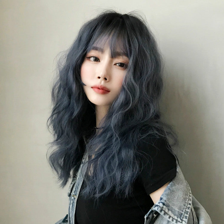 Women's Wool Long Hair With Bangs Natural Fluffy Wig, Pink Brown (Brown On Top) 54CM, Haze Blue (Black On Top ) 54CM, Cold Brown 54CM, Black Brown 54CM