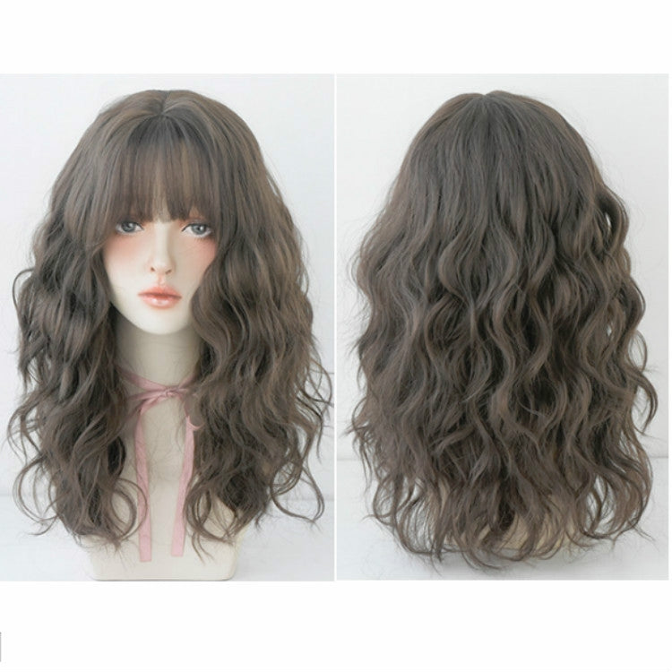 Women's Wool Long Hair With Bangs Natural Fluffy Wig, Pink Brown (Brown On Top) 54CM, Haze Blue (Black On Top ) 54CM, Cold Brown 54CM, Black Brown 54CM Cold Brown 54CM
