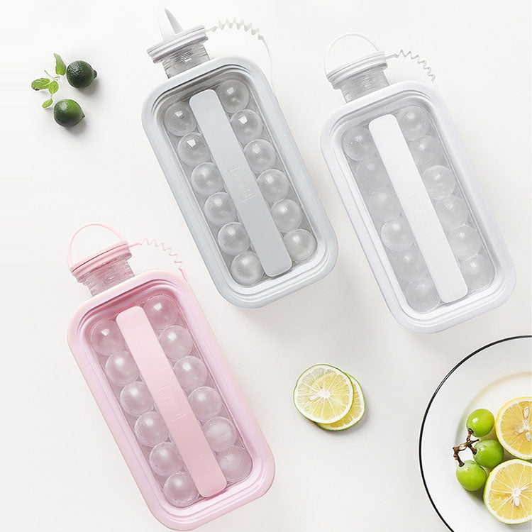 2 in 1 Round Ice Cube Mold Portable Ice Ball Maker Bottle Kettle with Lid White, 17 Grid