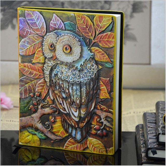 01663 Vintage Thick Handmade Leather Carving Owl Sketchbook Journal Cute Notebook Full Colors