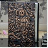 01663 Vintage Thick Handmade Leather Carving Owl Sketchbook Journal Cute Notebook Red