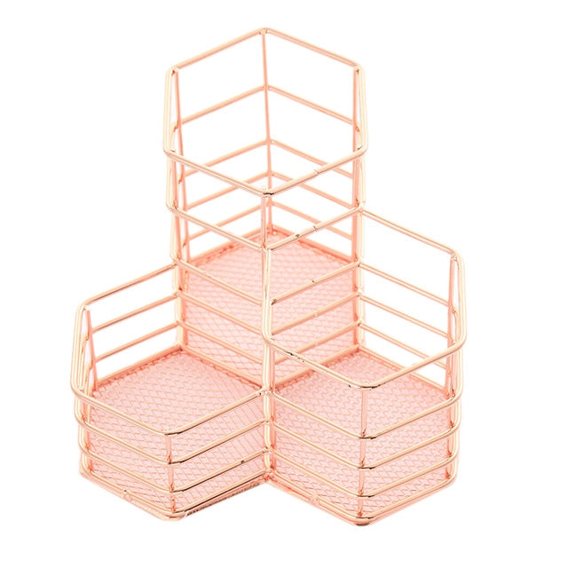 Pen Cup Holder Desk Hexagon Iron Hollow Makeup Brush Organizer Stationery Storage Container Hexagonal Penholder, Pen Cup Holder