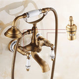 Antique Brass Wall Mounted Bathroom Tub Faucet Dual Ceramics Handles Telephone Style Hand Shower, Blue and White Telephone Shower, Telephone Shower + Fixed Seat, Telephone Shower + Blue and White Fixed Seat
