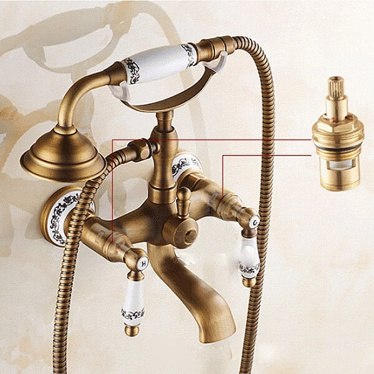 Antique Brass Wall Mounted Bathroom Tub Faucet Dual Ceramics Handles Telephone Style Hand Shower, Blue and White Telephone Shower, Telephone Shower + Fixed Seat, Telephone Shower + Blue and White Fixed Seat