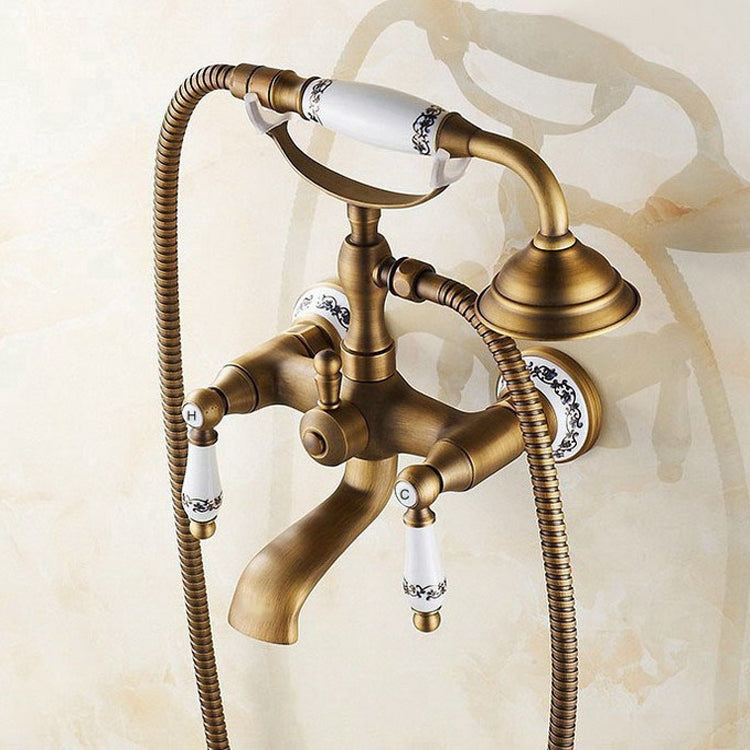 Antique Brass Wall Mounted Bathroom Tub Faucet Dual Ceramics Handles Telephone Style Hand Shower, Blue and White Telephone Shower, Telephone Shower + Fixed Seat, Telephone Shower + Blue and White Fixed Seat