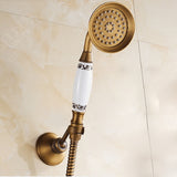 Antique Brass Wall Mounted Bathroom Tub Faucet Dual Ceramics Handles Telephone Style Hand Shower, Blue and White Telephone Shower, Telephone Shower + Fixed Seat, Telephone Shower + Blue and White Fixed Seat