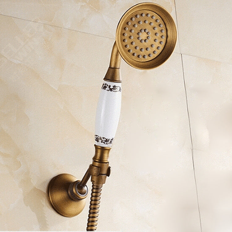 Antique Brass Wall Mounted Bathroom Tub Faucet Dual Ceramics Handles Telephone Style Hand Shower, Blue and White Telephone Shower, Telephone Shower + Fixed Seat, Telephone Shower + Blue and White Fixed Seat