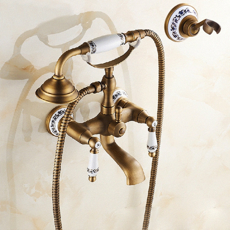Antique Brass Wall Mounted Bathroom Tub Faucet Dual Ceramics Handles Telephone Style Hand Shower, Blue and White Telephone Shower, Telephone Shower + Fixed Seat, Telephone Shower + Blue and White Fixed Seat