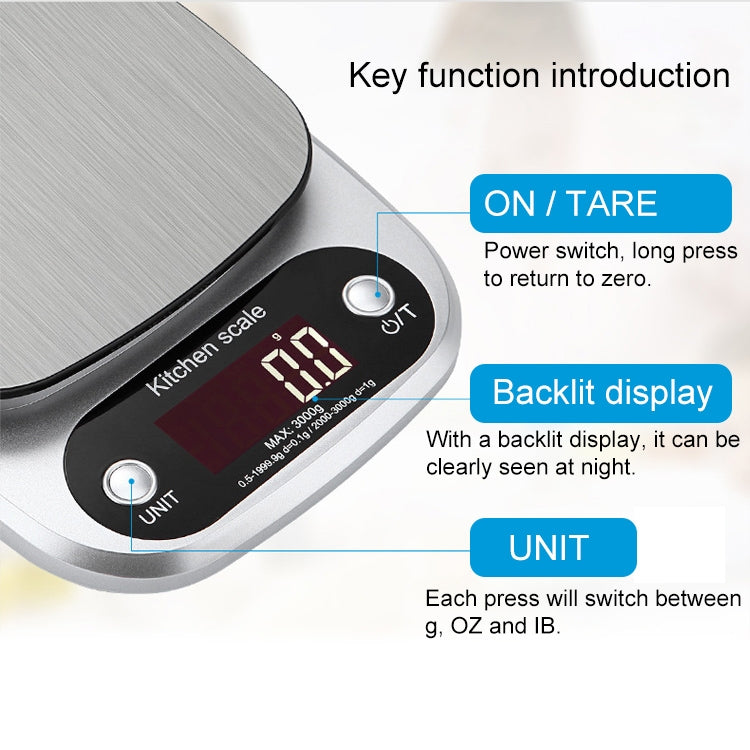 BOH-C305 Kitchen Stainless Steel LCD Electronic Scale, Specification: 5kg/0.1g, 5kg/0.1g