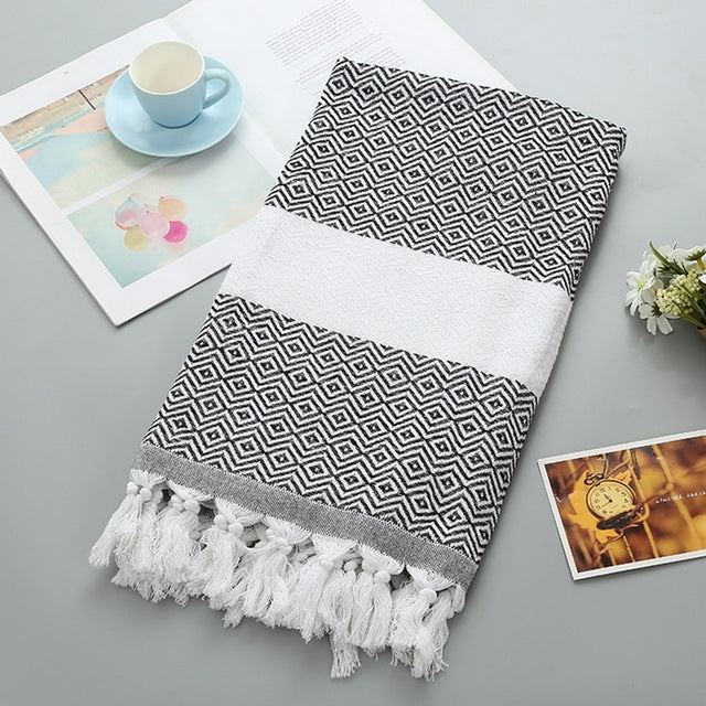 Striped Cotton Bath Towel With Tassels Thin Travel Camping Bath Sauna Beach Gym Pool Blanket Absorbent Easy Care
