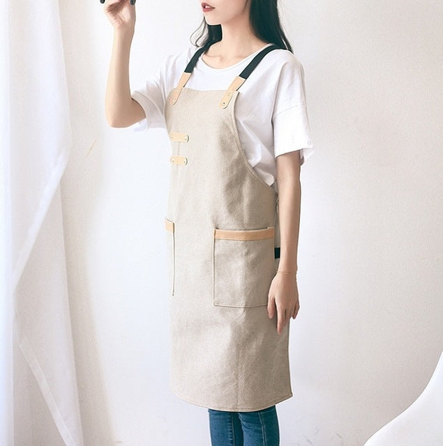 Washed Canvas Apron Chef Cafe Shop BBQ Hairdresser Aprons Khaki