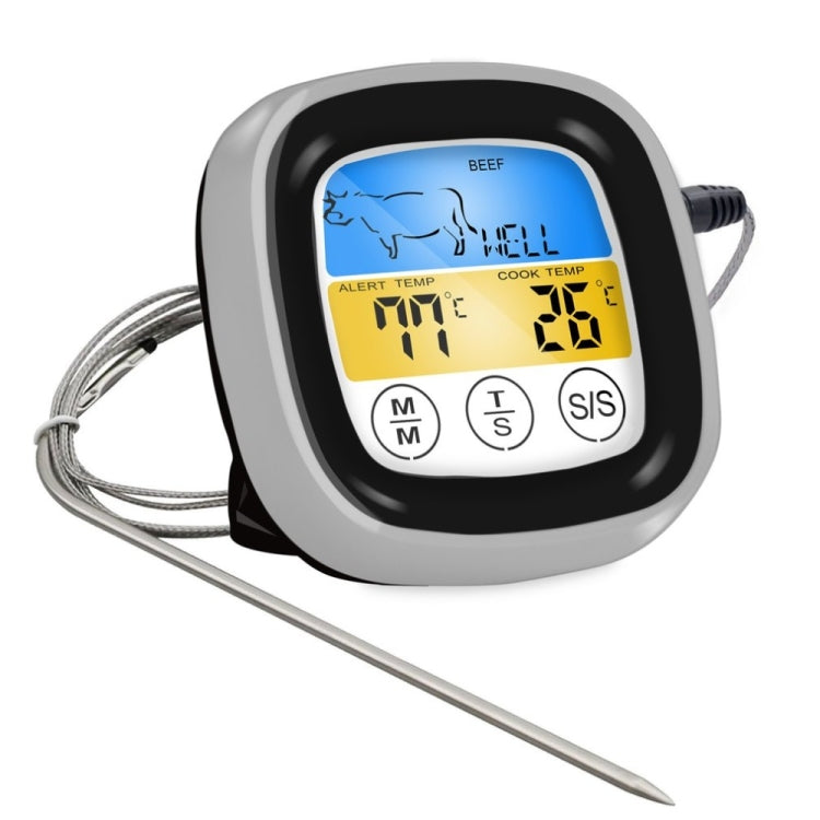Kitchen Food Digital Display Touch Field Barbecue Thermometer, Black with Silver Frame, Gray with White Box