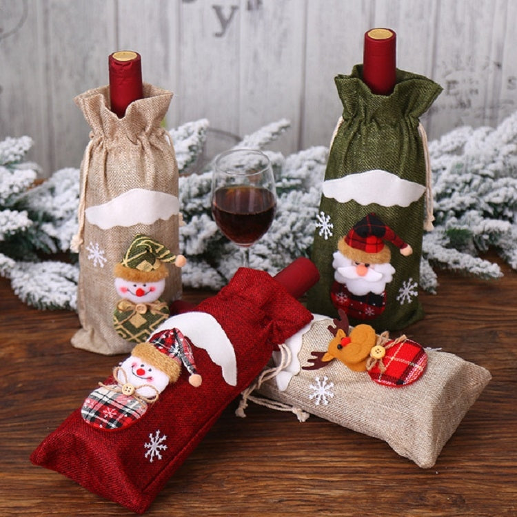 2 PCS Christmas Gift Wine Bottle Dust Cover Bag Home Table Decor, Green old man, Burlap moose, Red snowman, Burlap snowman