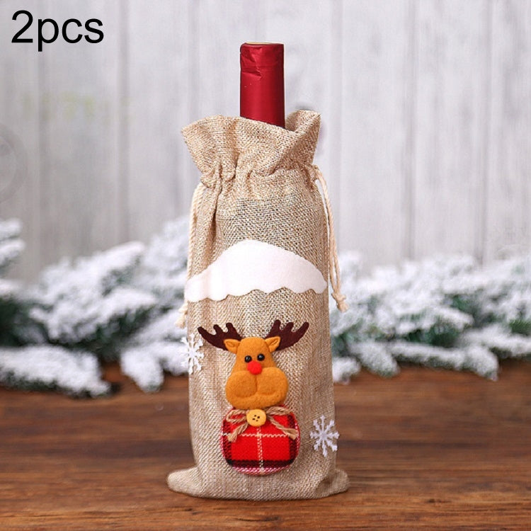 2 PCS Christmas Gift Wine Bottle Dust Cover Bag Home Table Decor, Green old man, Burlap moose, Red snowman, Burlap snowman Burlap moose