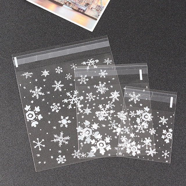 1 Packs Snowflake Christmas Candy Cookie Snack Bag Self-adhesive Gift Bag, 5.5x5.5cm, 7x7cm, 10x10cm, 14x14cm