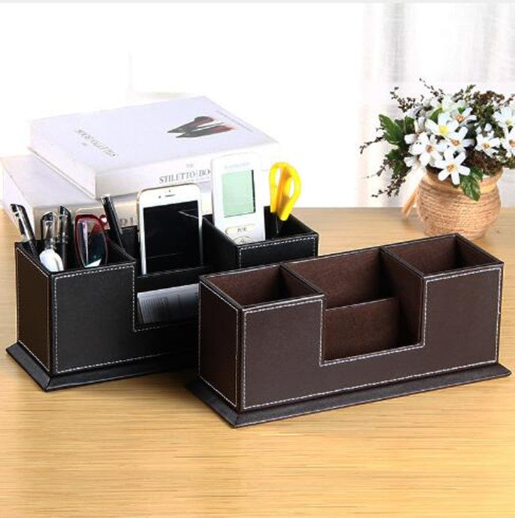Creative Pen Support Fashion Leather Multifunctional Desktop Office Storage Pen Case Socket Double Pen Holder