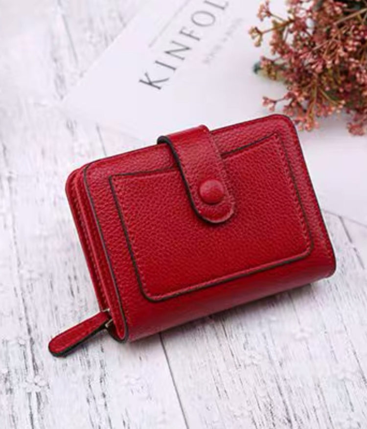 Women Short Litchi Texture Multi-card Buckle Wallet Wine Red