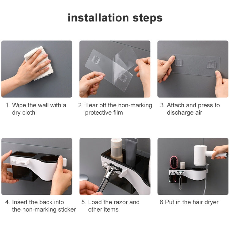 Hairdryer Hanger Free Punch Wall Mounted Bathroom Multi-function Toilet Storage Rack, Elegant Black, Rosy, Translucent, Elegant Blue